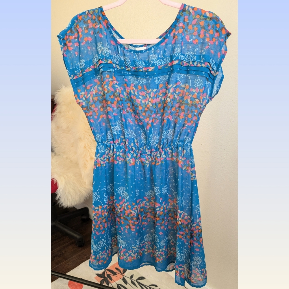 Sheer Teal-blue Floral and Leaf Chiffon Dress - M